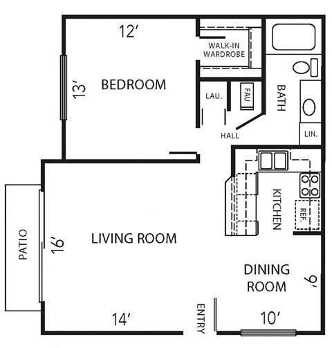 Floor plan for 1 bed, 1 bath, 765 sqft